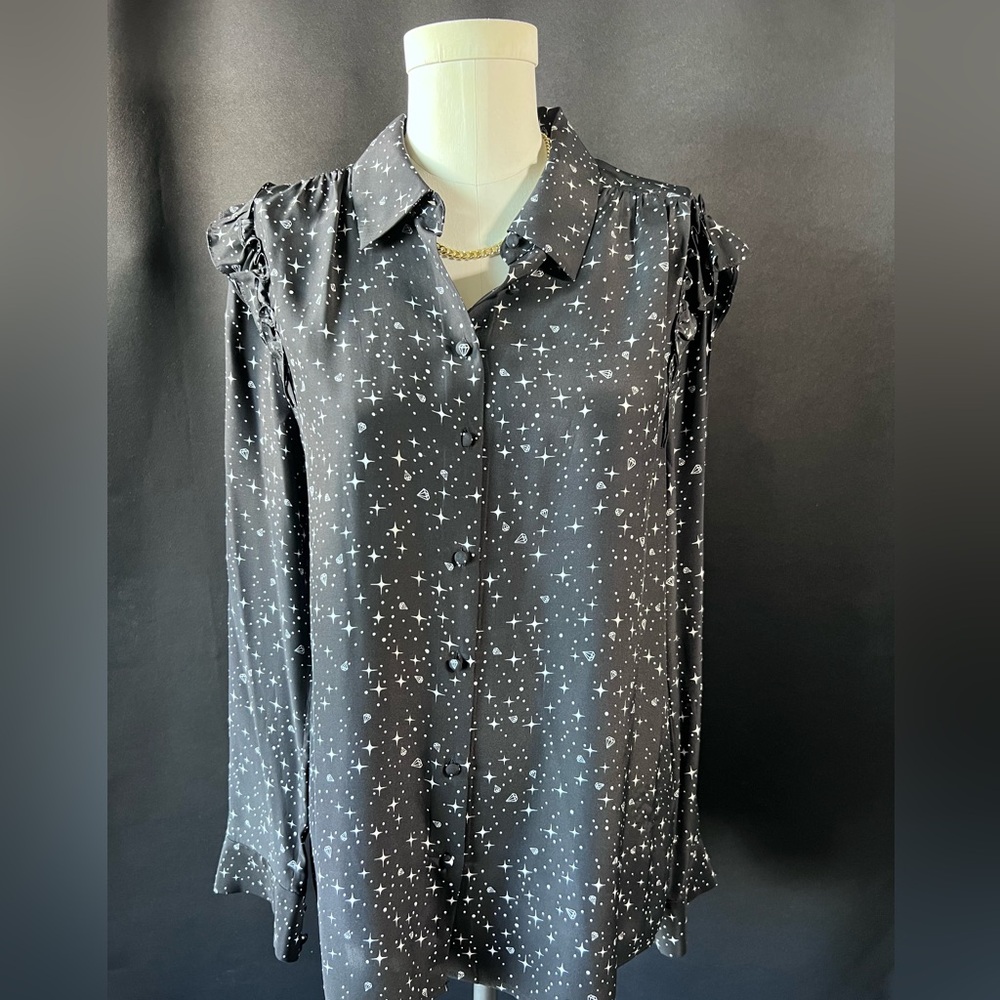 Frame Sz L  100% silk Blouse Puff Sleeve Top Diamond Print Black